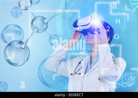 Scientist using VR headset, double exposure with virtual elements. Future technology in biochemistry Stock Photo
