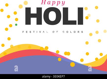 Happy Holi festival of colors minimal graphic design featuring yellow confetti and waves Stock Vector