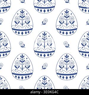 Seamless Easter pattern with folk ornament decorated eggs in blue outline line art style. Outline vector background Stock Vector