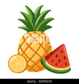 Pineapple, watermelon slice and lemon summer fruit composition. Vector isolated illustration on white background  Stock Vector