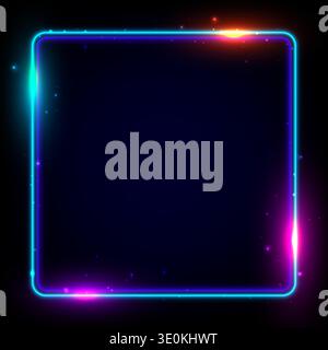 vibrant square neon frame with glowing blue lines and colorful light flares in pink and green sits against dark starry background, futuristic tech Stock Vector