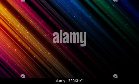 colorful light beams abstract with diagonal motion neon lines and glowing sparkles on black background Stock Vector