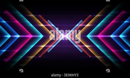 Neon chevron background with futuristic geometric lines and glowing light effects, high energy digital tunnel on a dark symmetric backdrop, modern tec Stock Vector