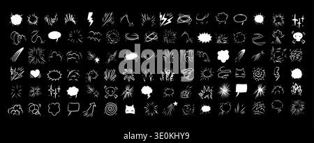 Comic effect manga elements set with white line icons on black background. Glowing doodle bursts clouds, motion trails and speech bubbles for dramatic night scenes, neon posters and animation overlays Stock Vector