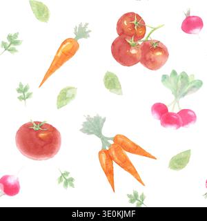 Hand painted watercolor vegetable seamless pattern with carrots, tomatoes, radishes and green leaves. Fresh organic food illustration perfect for kitc Stock Photo