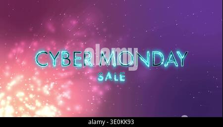 Displaying cyan-teal neon CYBER MONDAY SALE headline glowing on magenta-purple gradient, with bokeh Stock Photo