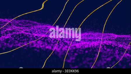 Flowing magenta particle ribbon sweeping across navy backdrop, with gold arcs and glowing specks Stock Photo