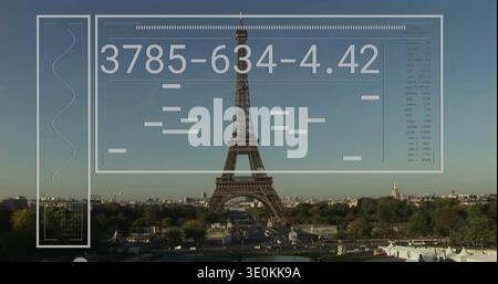 Displaying Eiffel Tower rising over River Seine from Trocadero view, with translucent HUD overlay Stock Photo