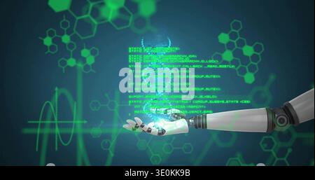 Projecting robot forearm with open hand in virtual lab, displaying hologram DNA helix and code Stock Photo