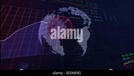 Rotating translucent 3D globe hologram pulsing on digital dashboard, with purple area graph Stock Photo