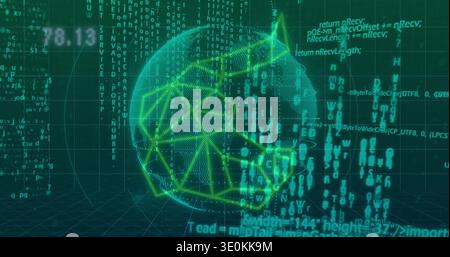 Glowing neon sphere rotating in virtual data space, with dotted mesh, nodes, orbit ring, code Stock Photo