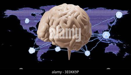 Floating 3D human brain model hovering in dark space, showing purple map connections and node icons Stock Photo