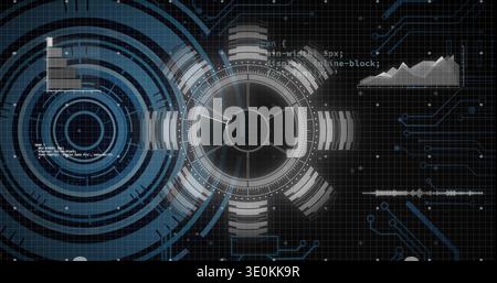 Displaying central HUD reticle rotating on control panel grid, with rings, charts, waveform, code Stock Photo