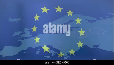 Displaying twelve yellow stars circling silhouette map of Europe, showing target markers, node dots Stock Photo
