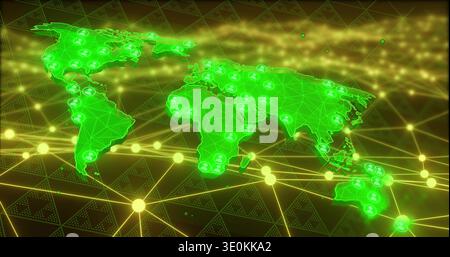 Projecting neon-green world map over tessellated grid plane, showing gold lines, person nodes, mesh Stock Photo