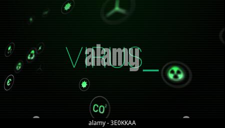Displaying neon green VIRUS  glowing on digital screen, showing floating trefoil and CO2 icons Stock Photo