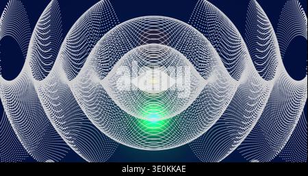 Displaying ringed mesh pulsating in deep navy with white point cloud, green core, dotted arcs Stock Photo
