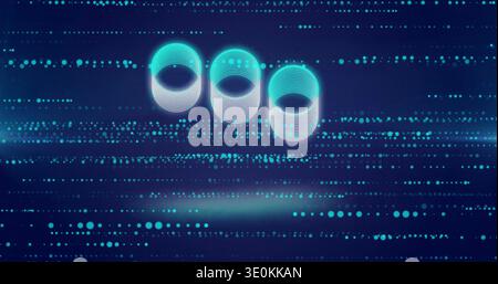 Displaying three glowing cyan concentric rings floating in hologram interface, dotted matrix glow Stock Photo