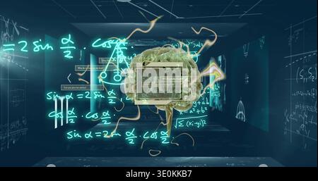 Floating realistic 3D brain model linking to holographic panels in dark chamber, neon equations Stock Photo