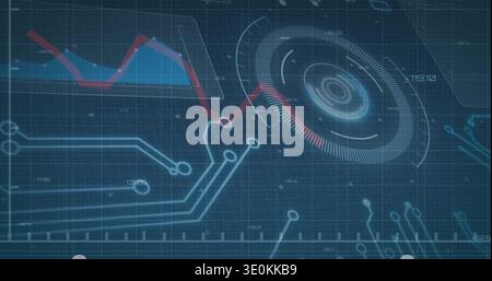 Displaying central dashboard on blue grid, featuring circular HUD, red line graph, circuit traces Stock Photo