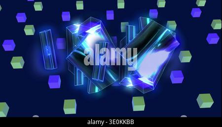 Glowing cluster of translucent prisms floating in deep navy void, with lime-green and violet cubes Stock Photo