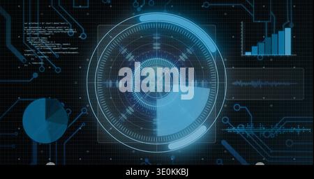 Scanning central holographic interface on dark grid HUD, displaying pie chart, rotating sweep Stock Photo