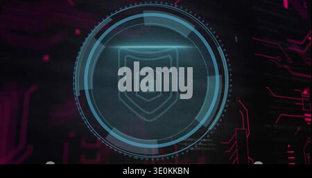 Displaying central circular HUD rotating on dark cyber dashboard, with shield padlock and circuits Stock Photo