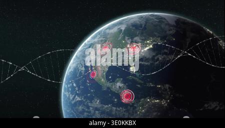 Displaying planet Earth nightside from orbit, showing city lights, four red hotspots, DNA helix Stock Photo