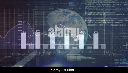 Displaying dashboard with faint globe, bar charts showing labels, white line, grid and ticker text Stock Photo