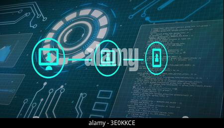 Displaying row three teal device icons linking via line on grid, with HUD and code panel Stock Photo