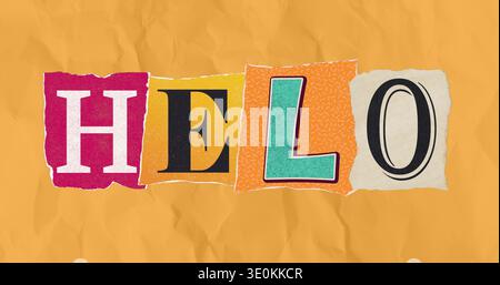 Displaying typographic collage with four torn paper tiles spelling HELO on mustard backdrop Stock Photo