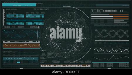 Displaying central network ring with concentric guides on dark grid dashboard, with side charts Stock Photo