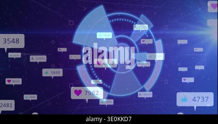 Displaying holographic circular HUD pulsing at center in virtual network, with notification badges Stock Photo