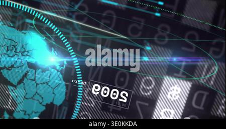 Displaying turquoise globe rotating in segmented HUD on left, with 2003 data tag, copy space Stock Photo