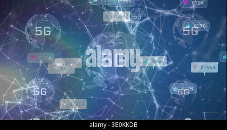 Showing central globe bearing 5G label, linking to 5G globes in virtual network with data tags Stock Photo