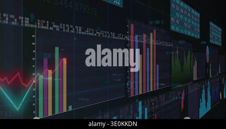 Showing colorful bar charts on wall monitor, displaying cyan zigzag line chart and numeric tiles Stock Photo