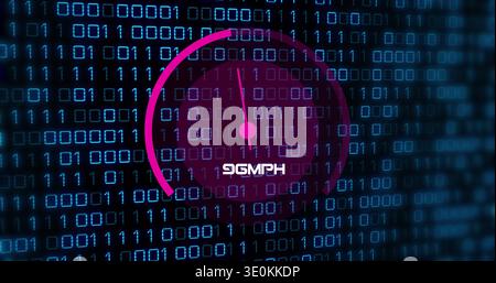 Displaying magenta circular gauge with needle and node over glowing binary digits, showing 96MPH Stock Photo