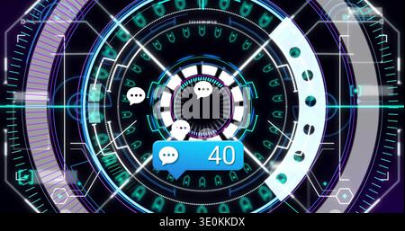 Rotating central HUD displaying core, segmented arcs, chat bubbles and blue badge 40 in interface Stock Photo