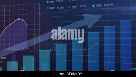 Displaying financial chart tracing rising blue bars and line graphs on screen, arrow showing gains Stock Photo