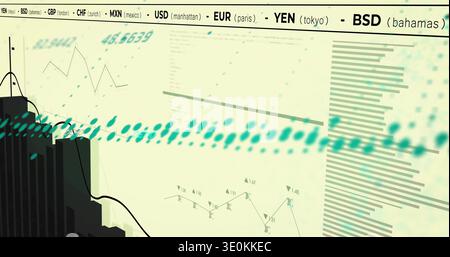 Displaying finance dashboard on office screen showing teal dotted band, dark bar left, ticker top Stock Photo