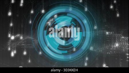 Displaying central HUD with concentric rings and radial ticks in digital UI, streaming 1s and 0s Stock Photo