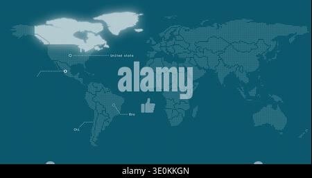 Displaying dotted world map on teal canvas, glowing North America, showing links, labels, thumbs-up Stock Photo