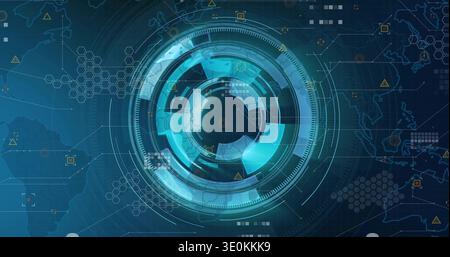 Displaying central circular HUD rotating on command dashboard showing rings data tiles map contours Stock Photo
