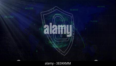 Showing shield with padlock emblem occupying center on net dashboard, with glowing globe and data Stock Photo