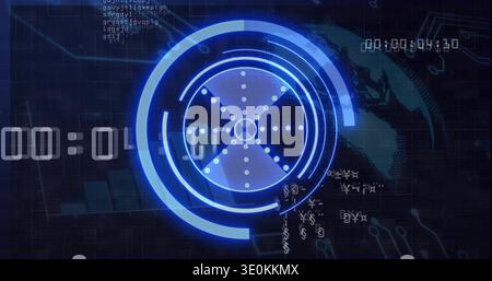 Showing central blue HUD pulsing in digital console, displaying rings, radial X, grid, timestamps Stock Photo