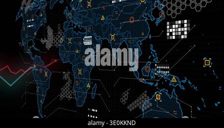 Displaying digital world map glowing neon on dark grid showing hexes, nodes, rings, red-teal trend Stock Photo