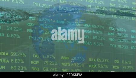 Displaying dotted globe floating over trading dashboard, showing ticker codes and percentages Stock Photo