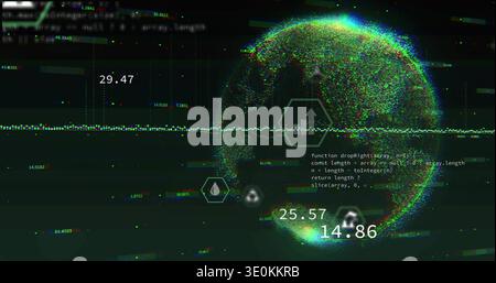 Displaying particle globe pulsing on virtual dashboard with waveform, values, hex icons, JS code Stock Photo
