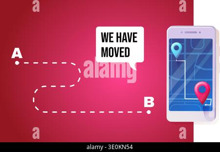 Vector banner featuring a We Have Moved announcement near smartphone with a digital map. Two location pins connected by a route Stock Vector