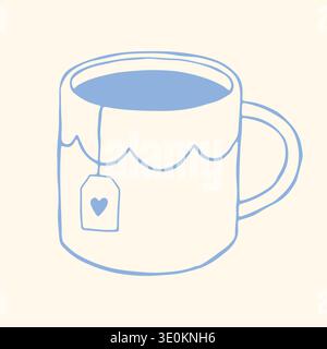 Charming hand drawn blue mug vector with a tea bag, heart detail, and scalloped pattern. Cozy hygge style illustration for winter themes, cafe Stock Vector